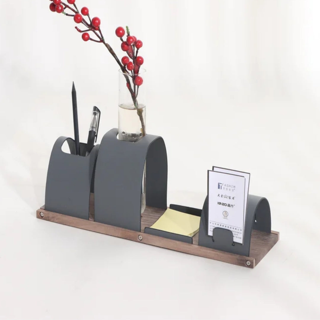 Elegant Efficiency Leather, Walnut & Glass Office Table Organizer