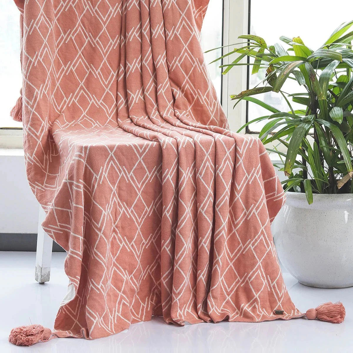 Gianna Dusty Coral & Natural Cotton Knitted Throw Blanket (50 in x 60 in)