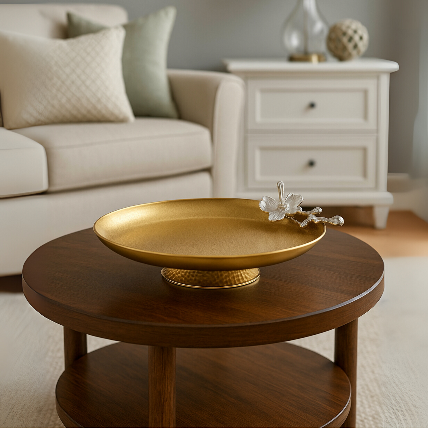 Auric Blossom Platter Floral-Embellished Gold Display Tray
