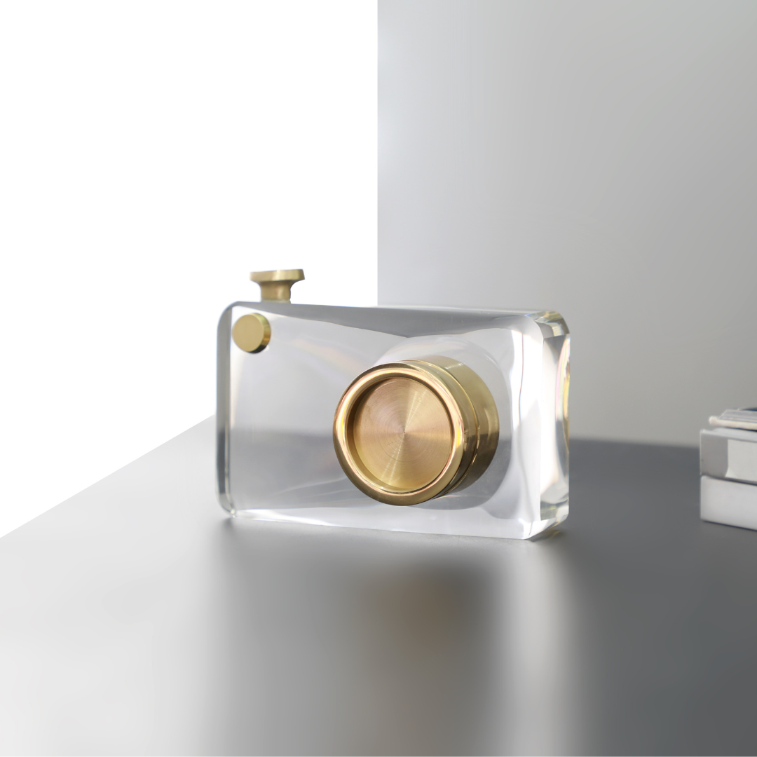 Crystal Clarity Camera with Brass Lens Desktop Sculpture
