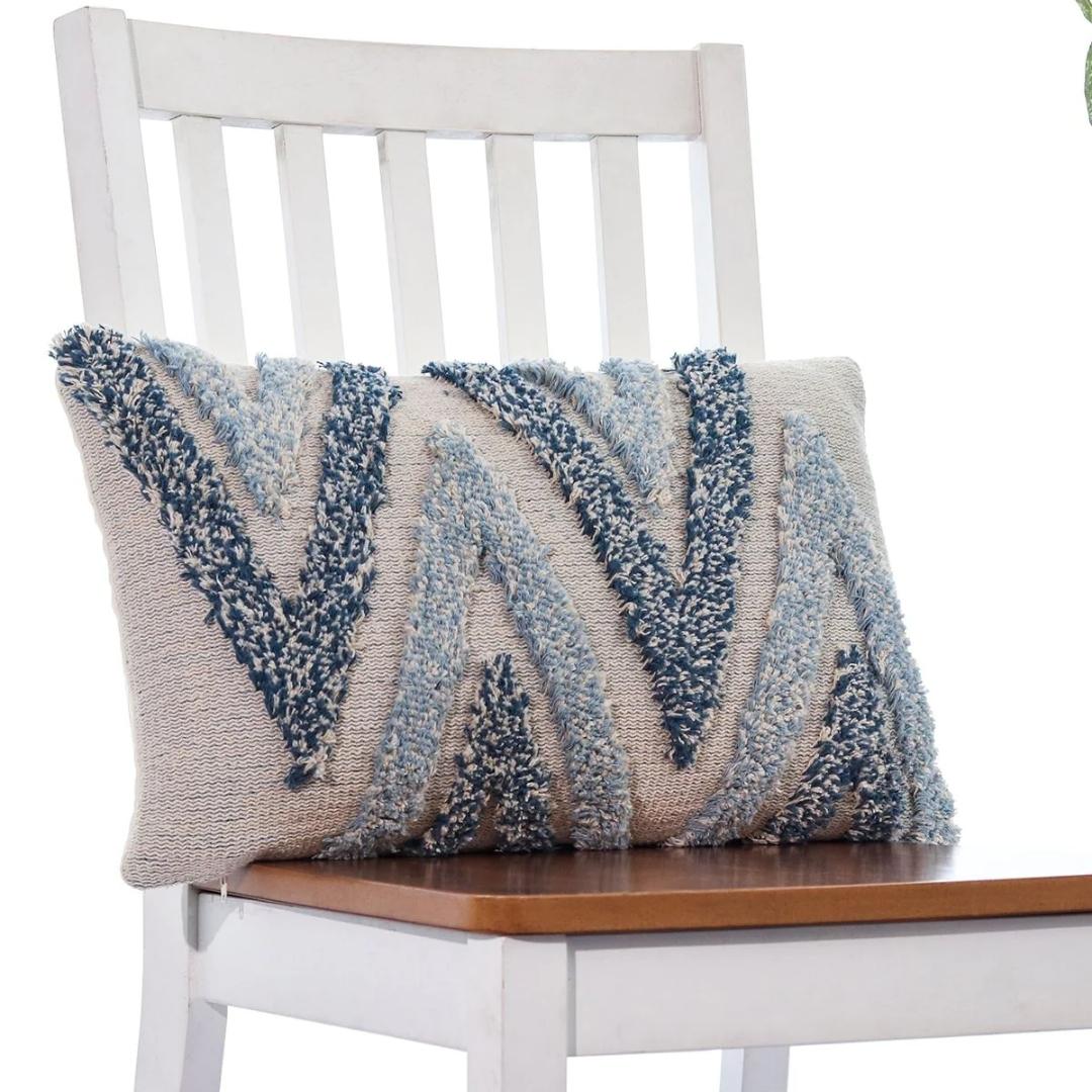 Arrowhead Sky Blue, Steel Blue & Natural Cotton Knitted Decorative Cushion Cover (12 in x 20 in)