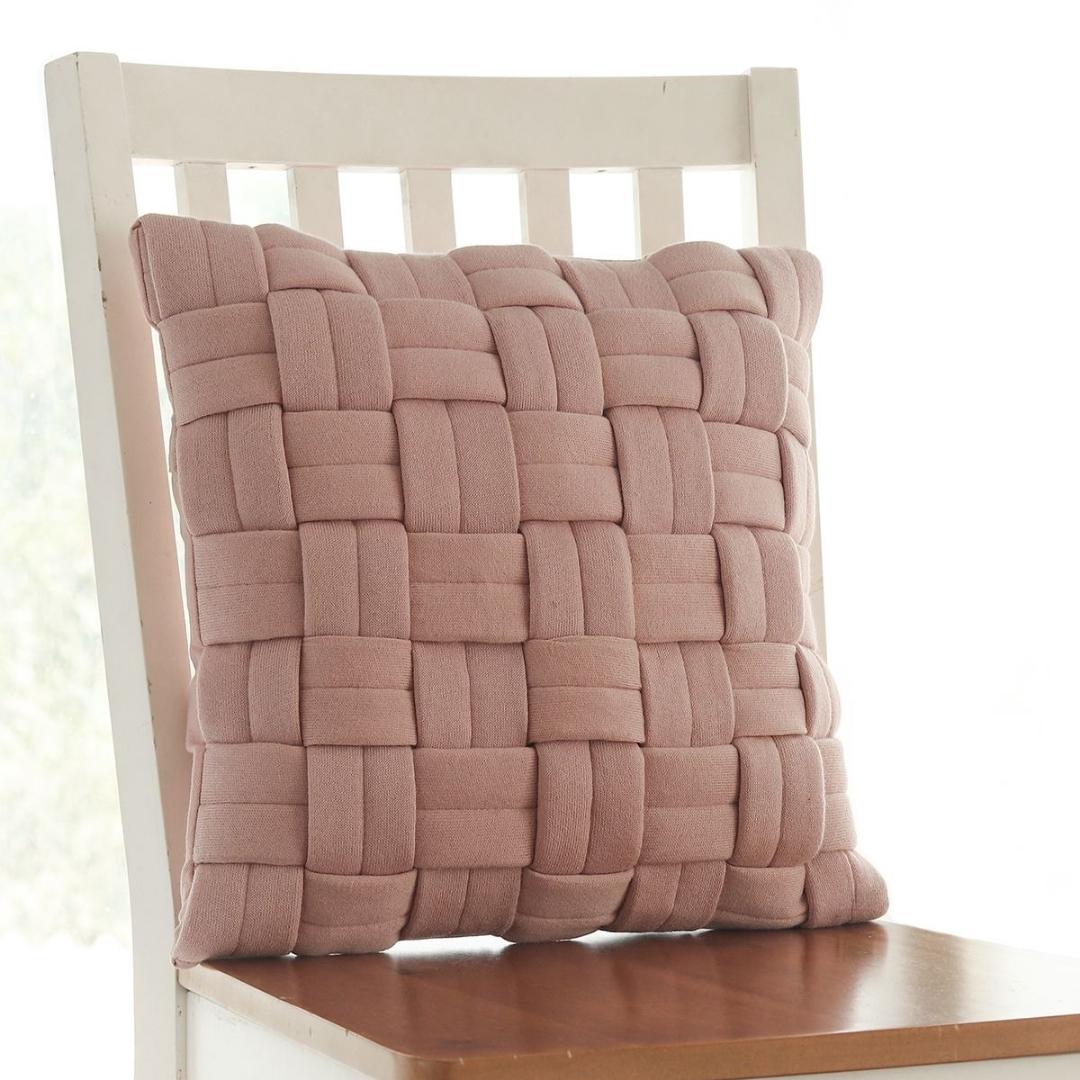 Basket Knit Cameo Pink Cotton Knitted Decorative Cushion Cover (16 in x 16 in)