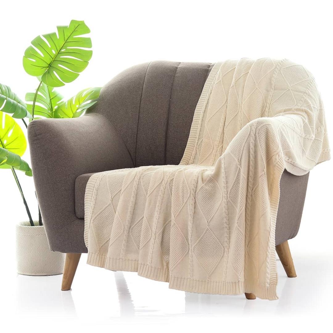 Cable Moss Natural Cotton Knitted Throw Blanket (50 in x 60 in)