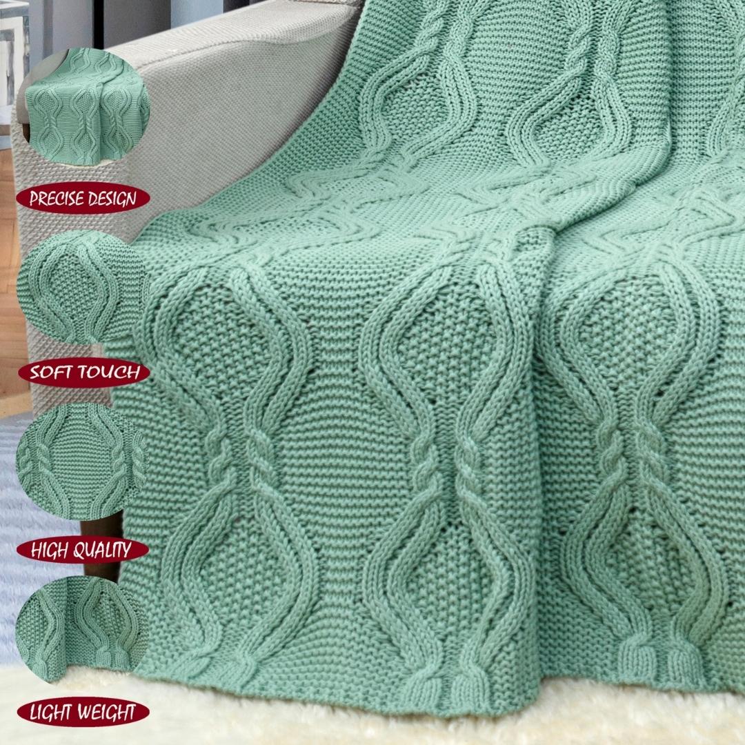 Chunky Classic Light Green Cotton Knitted Throw Blanket (50 in x 66 in)