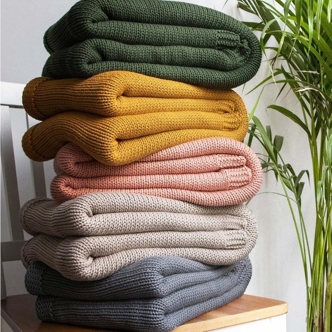 Chunky Jersey Mustard Cotton Knitted Throw Blanket (50 in x 60 in)