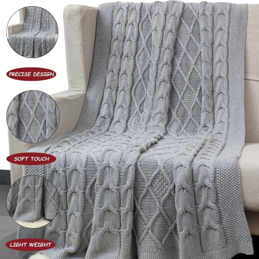 Classic Light Grey Cotton Knitted Throw Blanket (50 in x 66 in)