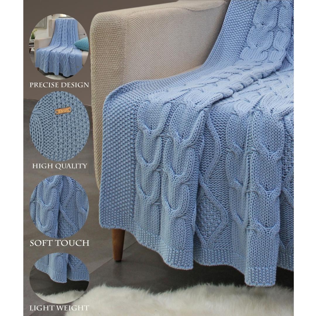 Classic Sky Blue Cotton Knitted Throw Blanket (50 in x 66 in)