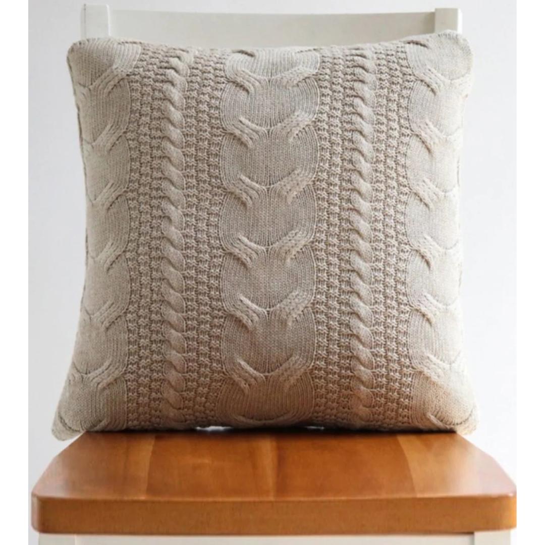Classical Light Beige Melange Cotton Knitted Decorative Cushion Cover (18 in x 18 in)