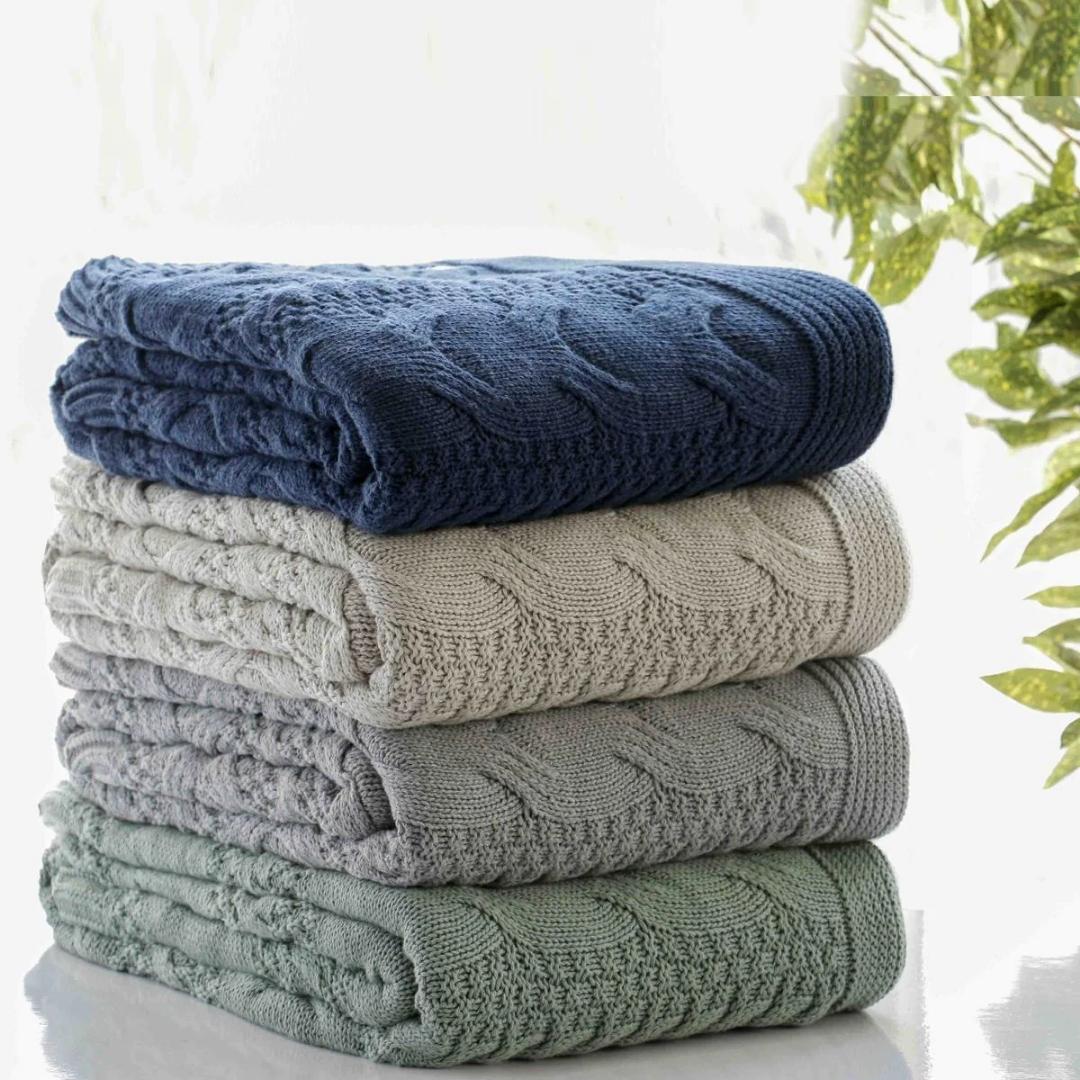 Classical Navy Melange Cotton Knitted Throw Blanket (50 in x 60 in)