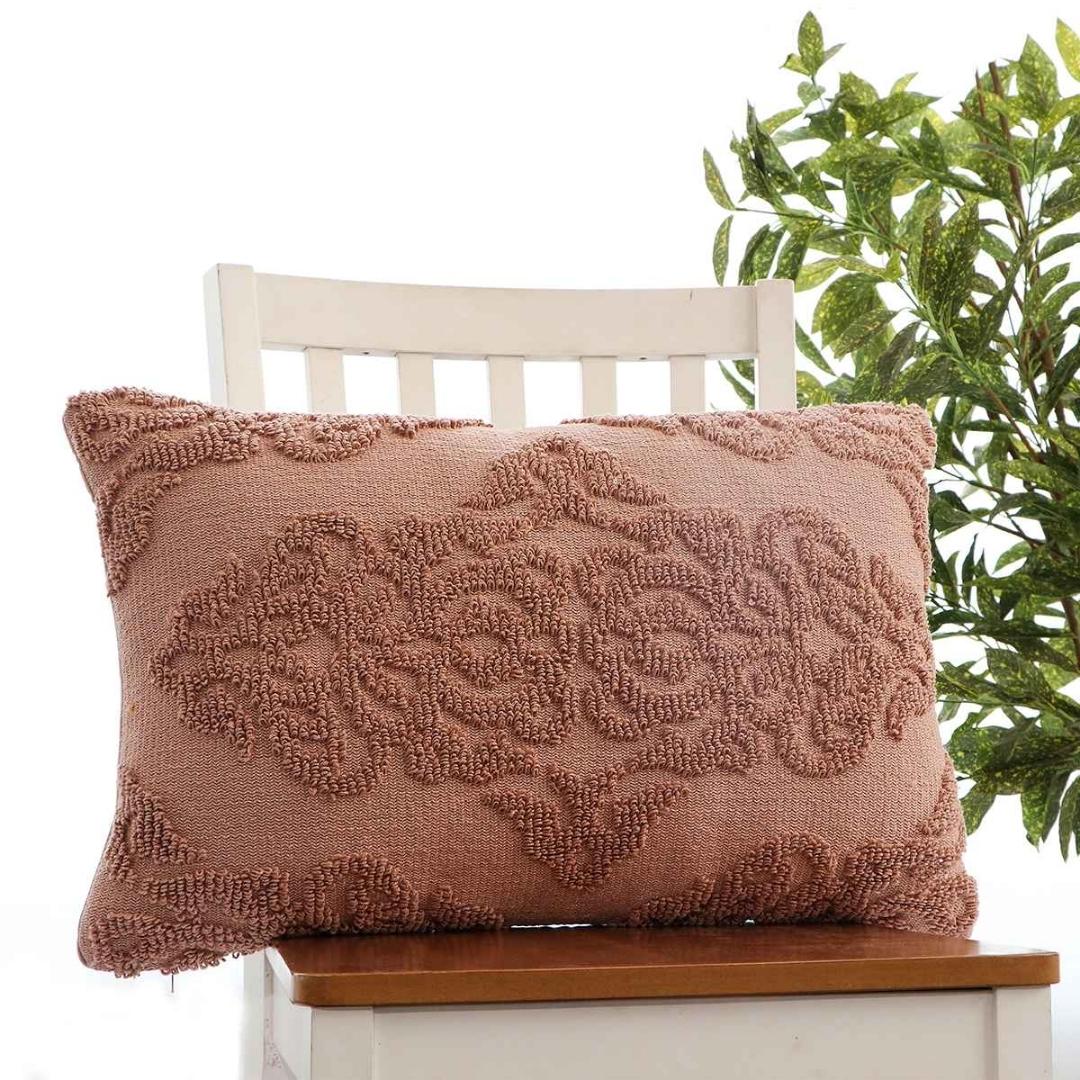 Damask Blush Pink Cotton Knitted Decorative Cushion Cover (16 in x 24 in)