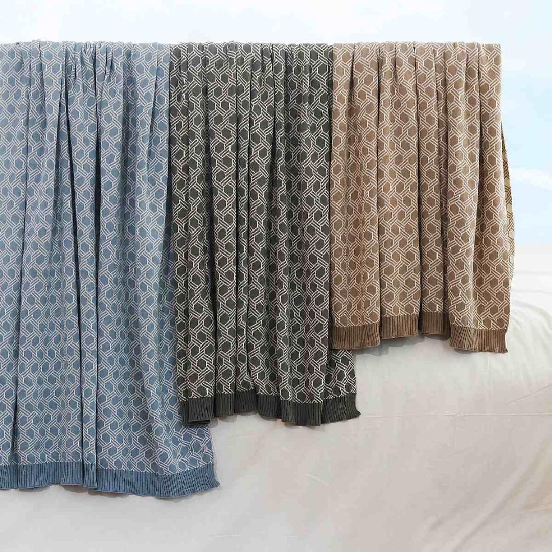 Geometric Fossil & Natural Cotton Knitted Throw Blanket (50 in x 60 in)