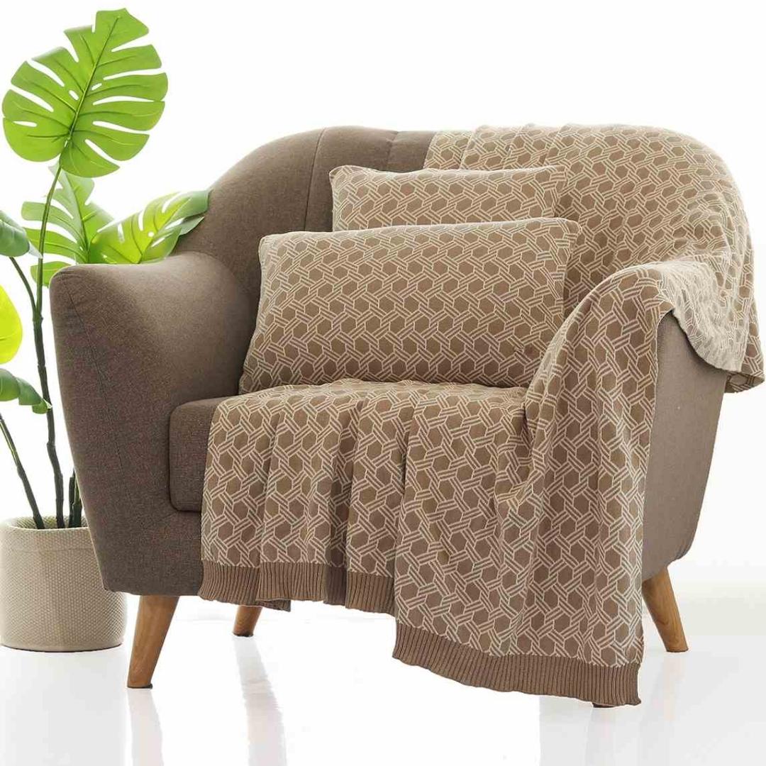 Geometric Stone & Natural Cotton Knitted Decorative Cushion Cover (16 in x 16 in)