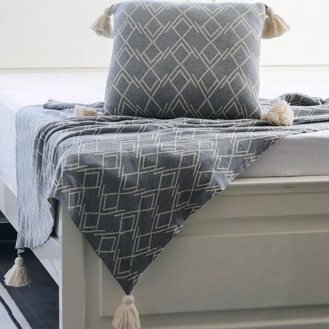 Gianna Light Grey & Natural Cotton Knitted Throw Blanket (50 in x 60 in)