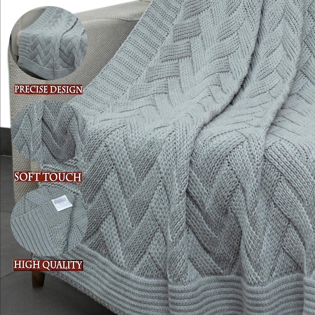 Herringbone Light Grey Cotton Knitted Throw Blanket (50 in x 66 in)