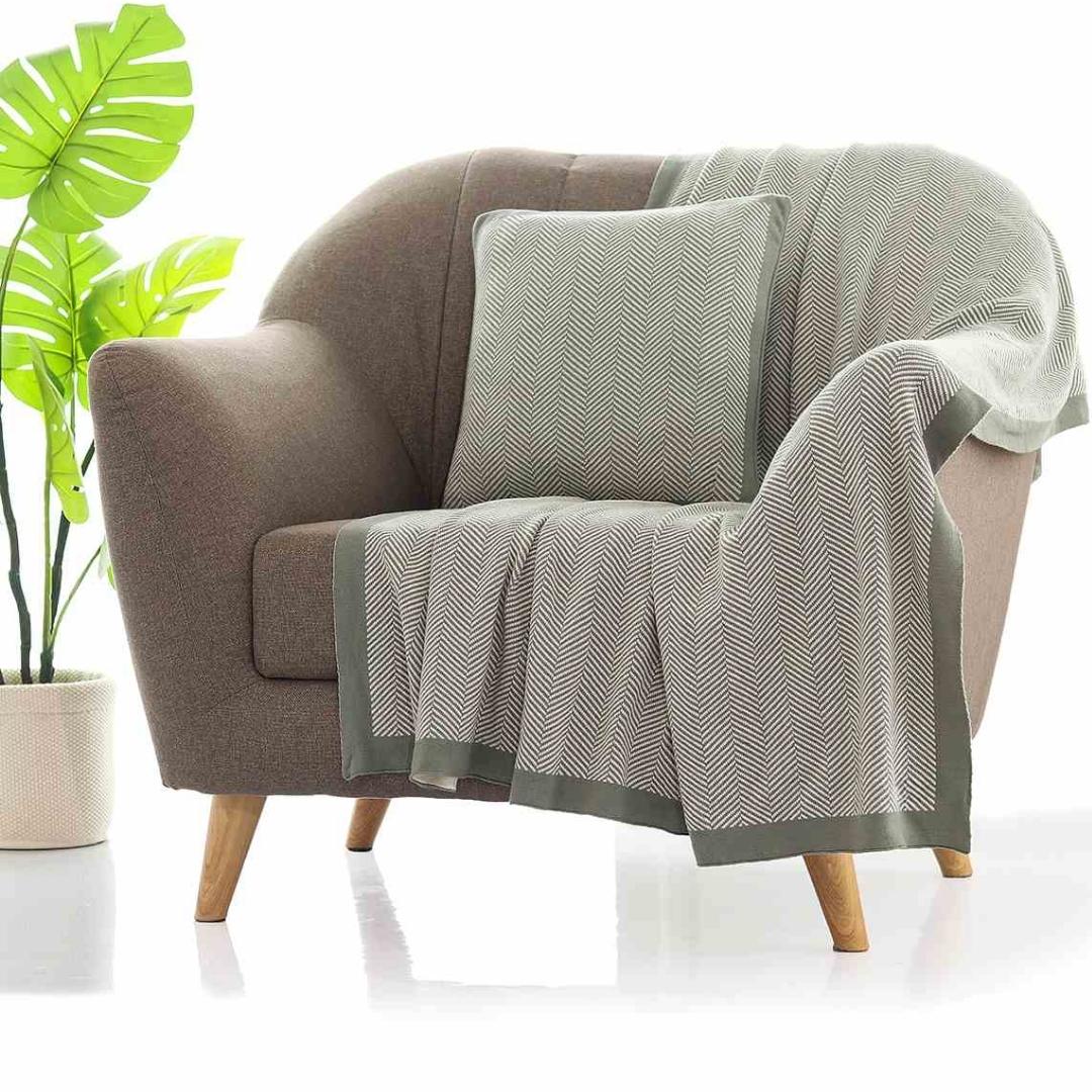 Herringbone Ryegrass & Natural Cotton Knitted Decorative Cushion Cover (16 in x 16 in)