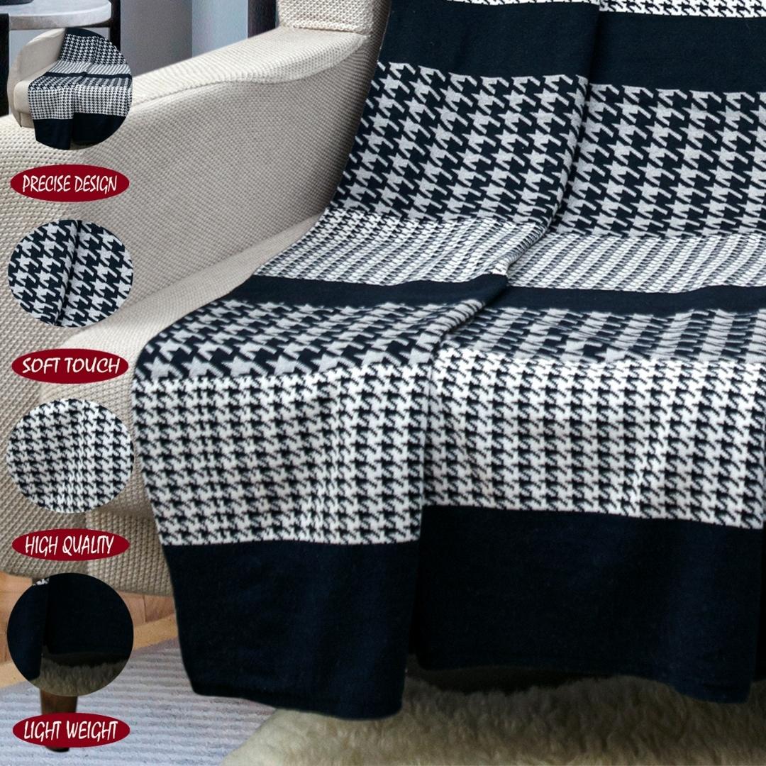 Hounds Tooth Royal Blue & Grey Cotton Knitted Throw Blanket (50 in x 66 in)
