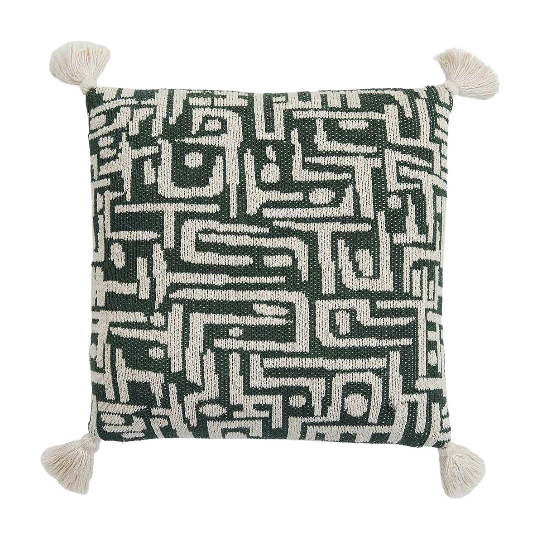 Maze Bermuda Green & Natural Cotton Knitted Decorative Cushion Cover (18 in x 18 in)