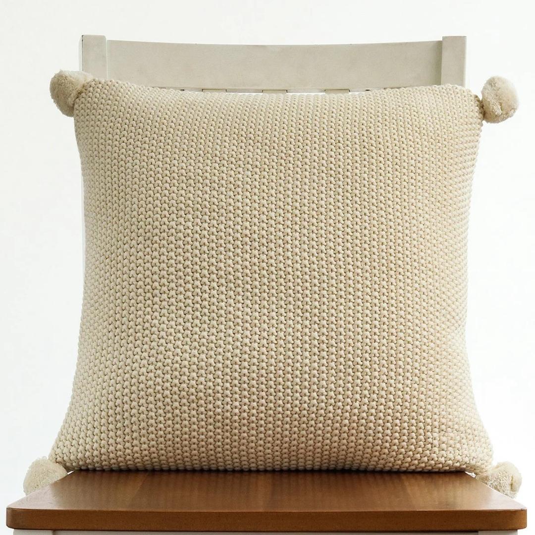 Moss Stitch Natural Cotton Knitted Decorative Cushion Cover (18 in x 18 in)