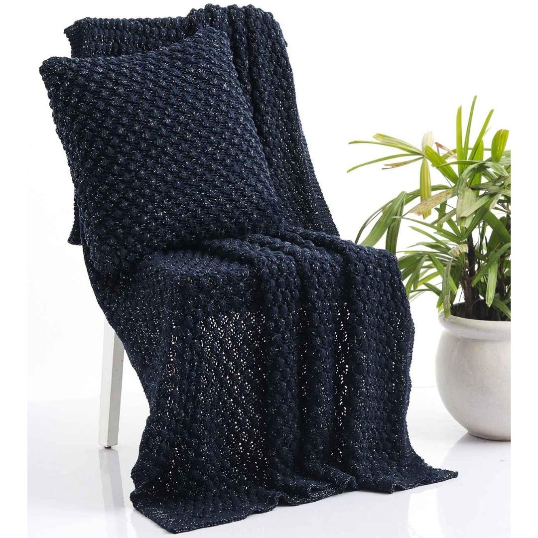 Popcorn Navy With Silver Lurex Throw & Cushion Cover Set (18 in x 18 in)