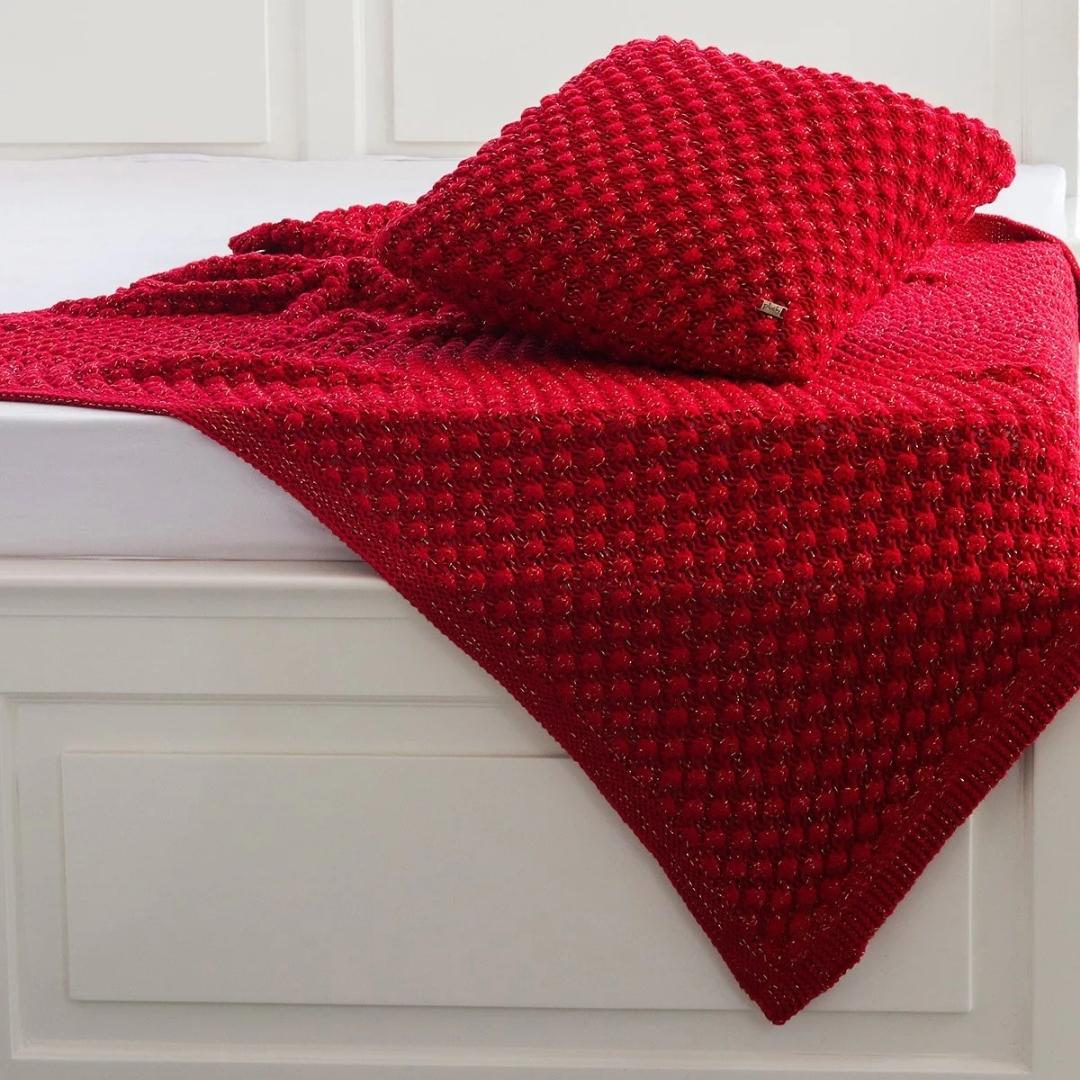 Popcorn Red & Golden Metallic Cotton Knitted Throw Blanket (50 in x 60 in)