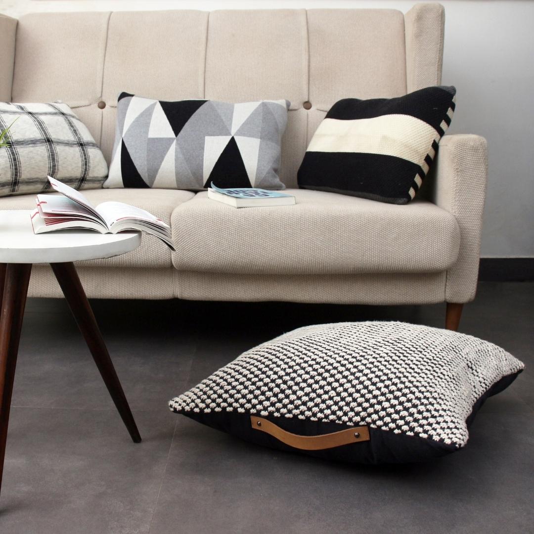 Spiral Black & White Cotton Knitted Floor Cushion Cover (24 in x 24 in)