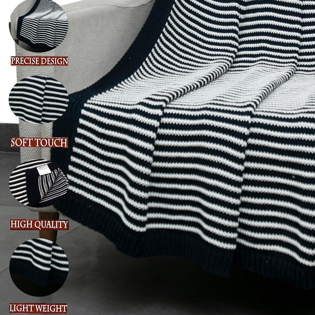 Striped Jersey Black & White Cotton Knitted Throw Blanket (50 in x 66 in)