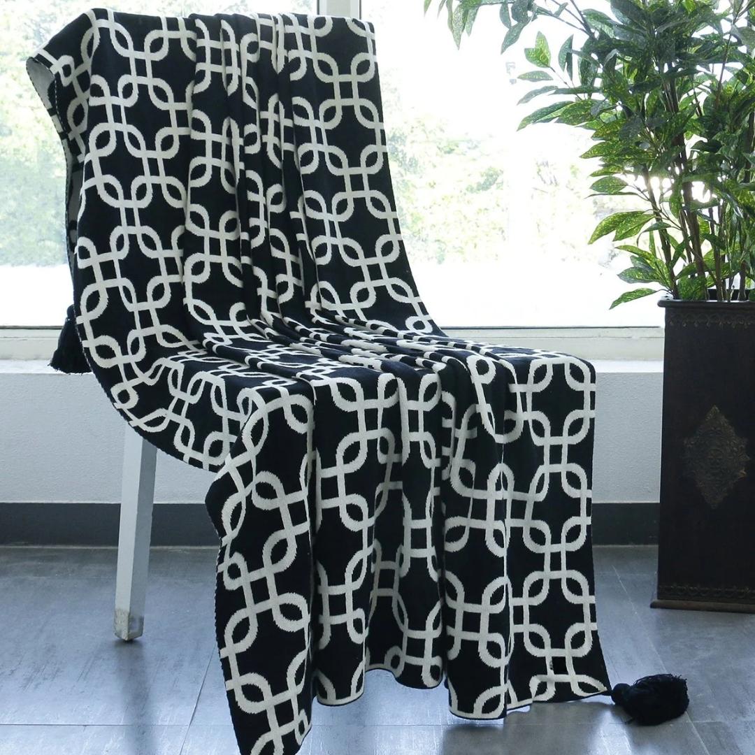 Stroke Black Cotton Knitted Throw Blanket (50 in x 60 in)