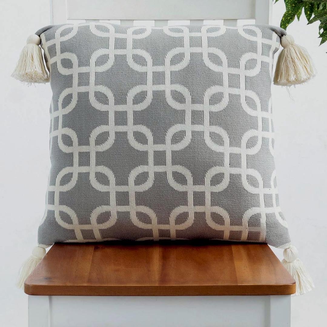 Stroke Square Light Grey Melange & Natural Cotton Knitted Decorative Cushion Cover (18 in x 18 in)
