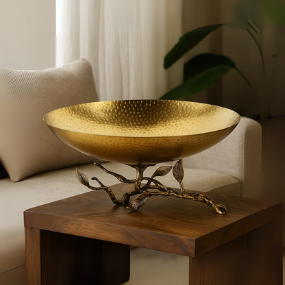 Auric Vine Hammered Gold Bowl with Elevated Branch Stand