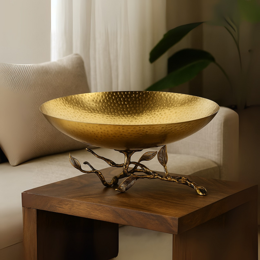 Auric Vine Hammered Gold Bowl with Elevated Branch Stand