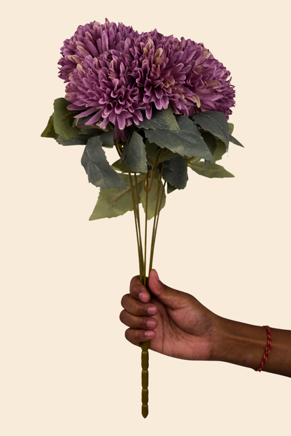 Faux Chrysanthemums Pompom Hairball Whimsical Flower Stem - Mauve Purple