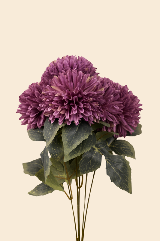 Faux Chrysanthemums Pompom Hairball Whimsical Flower Stem - Mauve Purple