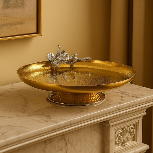 Auric Blossom Platter Floral-Embellished Gold Display Tray