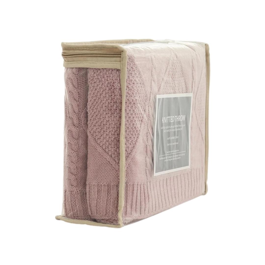 Cable Moss Dull Rose Cotton Knitted Throw Blanket (50 in x 60 in)