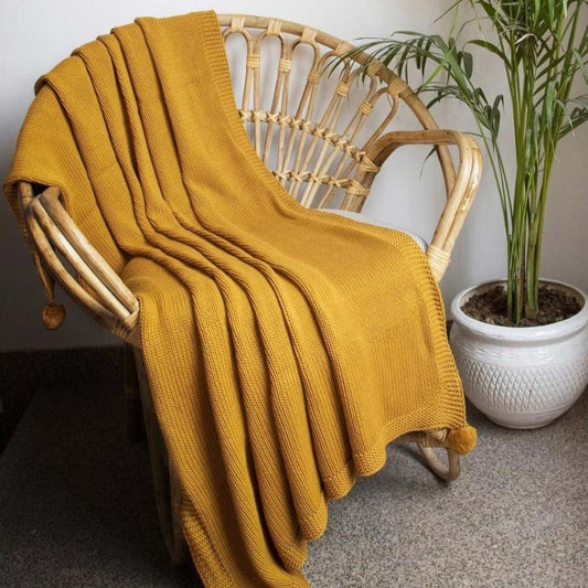 Chunky Jersey Mustard Cotton Knitted Throw Blanket (50 in x 60 in)