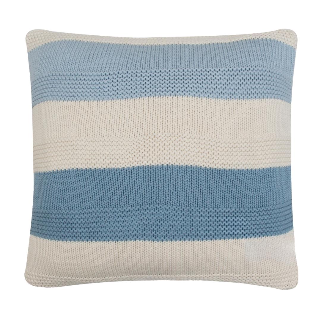 Classic Big Stripes Sky Blue and White Cotton Knitted Decorative Cushion Cover (20 in x 20 in)