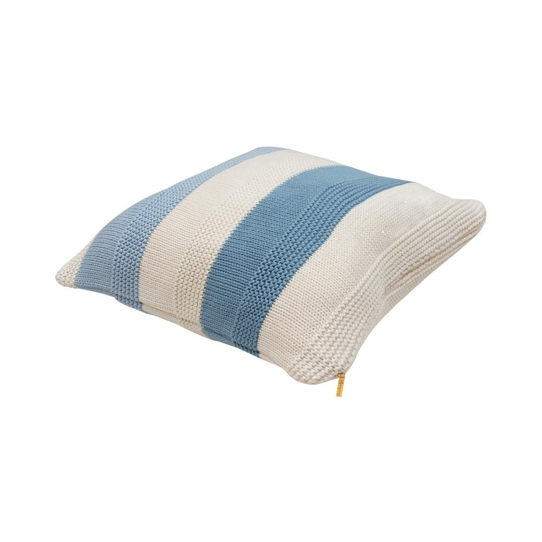 Classic Big Stripes Sky Blue and White Cotton Knitted Decorative Cushion Cover (20 in x 20 in)