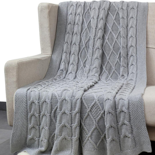 Classic Light Grey Cotton Knitted Throw Blanket (50 in x 66 in)