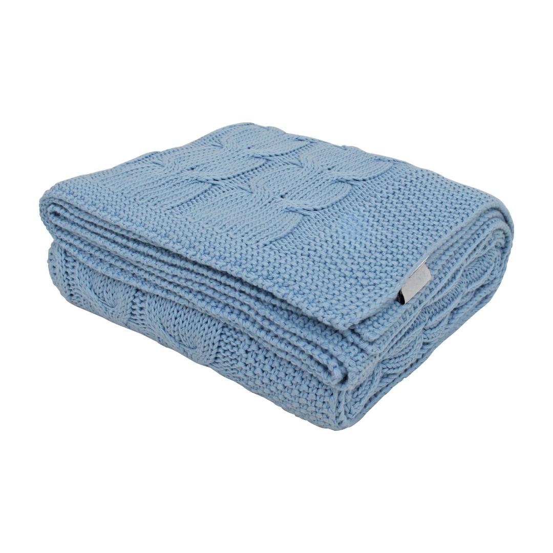 Classic Sky Blue Cotton Knitted Throw Blanket (50 in x 66 in)