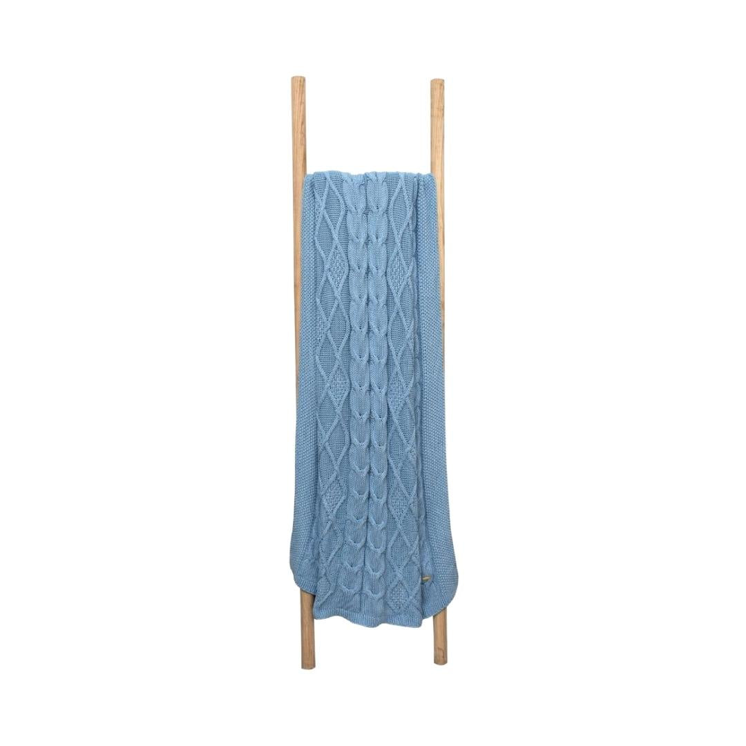 Classic Sky Blue Cotton Knitted Throw Blanket (50 in x 66 in)