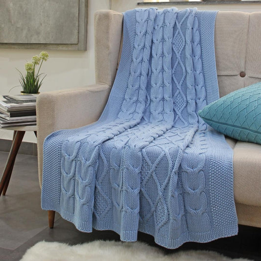 Classic Sky Blue Cotton Knitted Throw Blanket (50 in x 66 in)