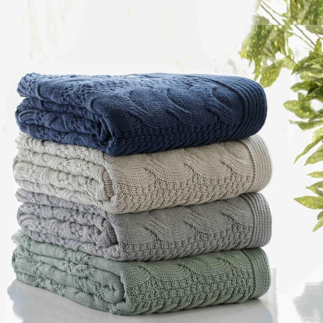 Classical Indus Blue Cotton Knitted Throw Blanket (50 in x 60 in)
