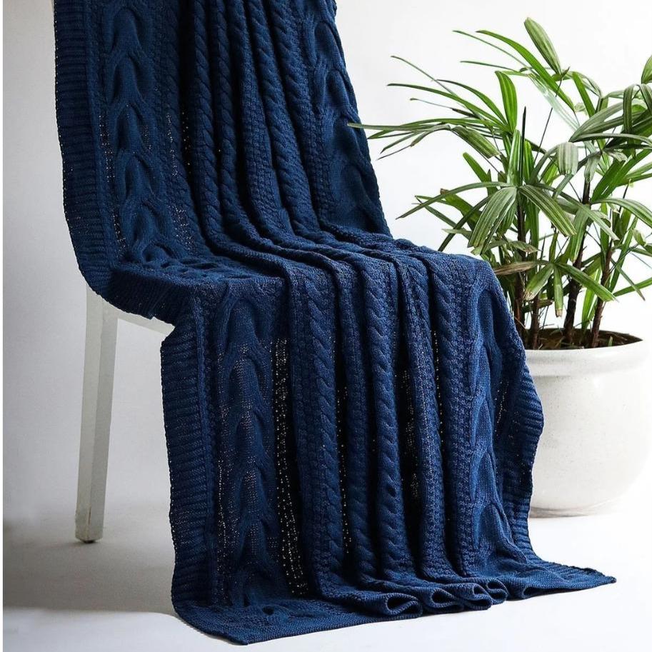 Classical Navy Melange Cotton Knitted Throw Blanket (50 in x 60 in)