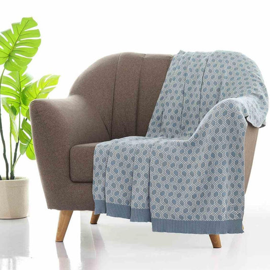 Geometric Alica Blue & Natural Cotton Knitted Throw Blanket (50 in x 60 in)