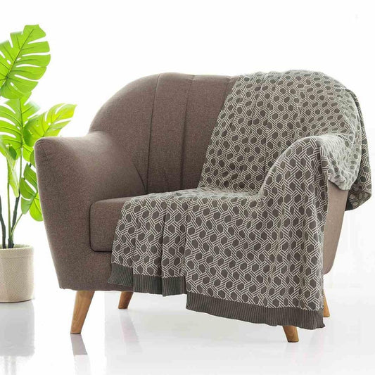 Geometric Fossil & Natural Cotton Knitted Throw Blanket (50 in x 60 in)