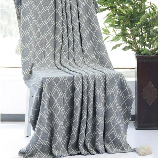 Gianna Light Grey & Natural Cotton Knitted Throw Blanket (50 in x 60 in)