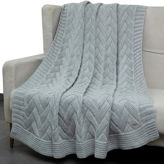 Herringbone Light Grey Cotton Knitted Throw Blanket (50 in x 66 in)