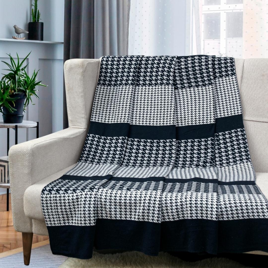Hounds Tooth Royal Blue & Grey Cotton Knitted Throw Blanket (50 in x 66 in)
