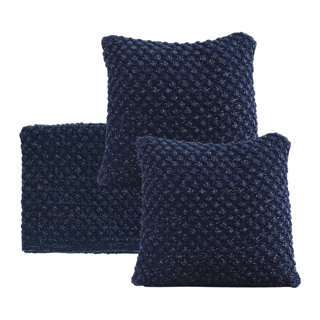 Popcorn Navy With Silver Lurex Throw & Cushion Cover Set (18 in x 18 in)