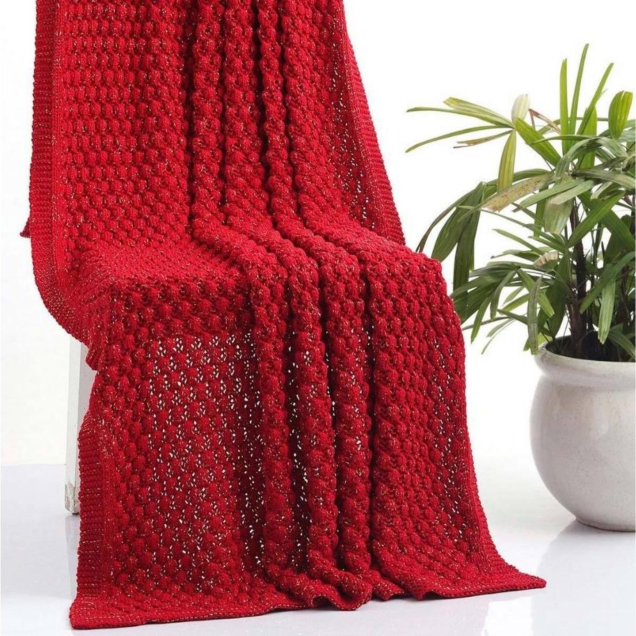 Popcorn Red & Golden Metallic Cotton Knitted Throw Blanket (50 in x 60 in)